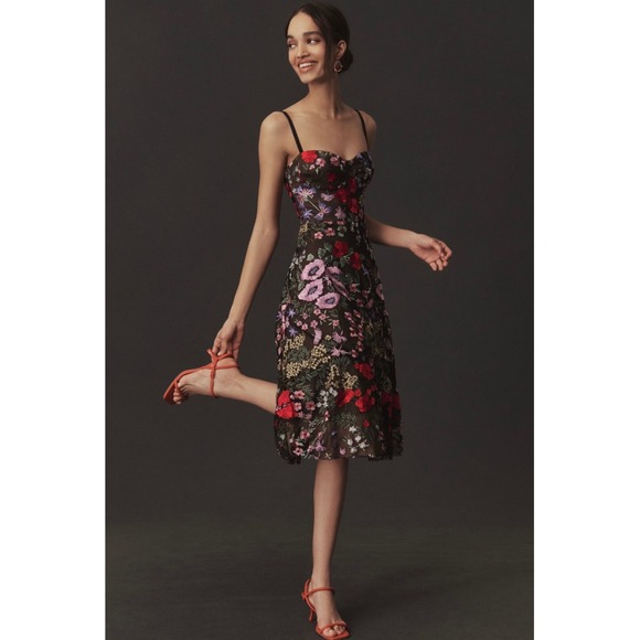 Dress the Population Dresses & Skirts - Dress the Population Black Floral Midi Dress with Red and Pink Embroidery